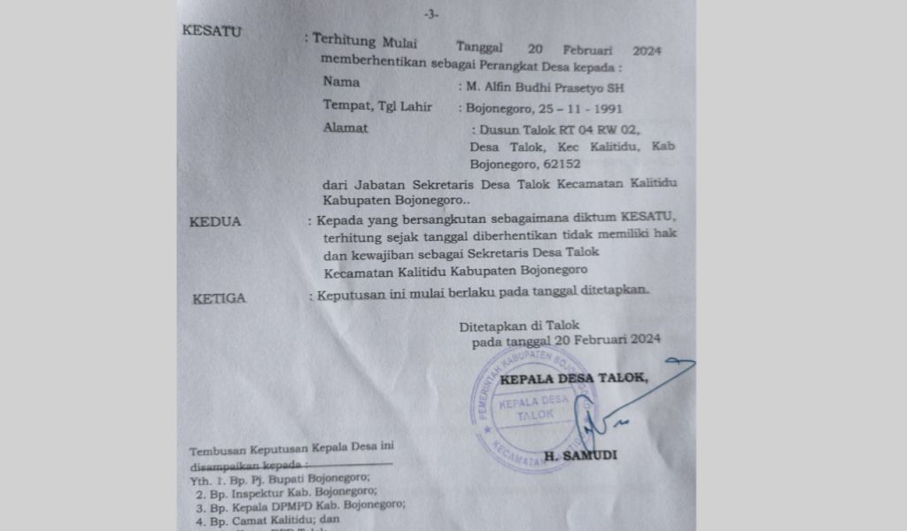 Kades Talok Pecat Sekdesnya dengan Tidak Hormat