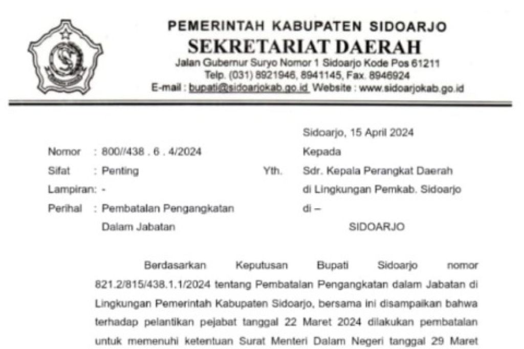 Akhirnya Mutasi Jabatan di Kabupaten Sidoarjo Dibatalkan, FA Pegang Rekor Sekda Tercepat