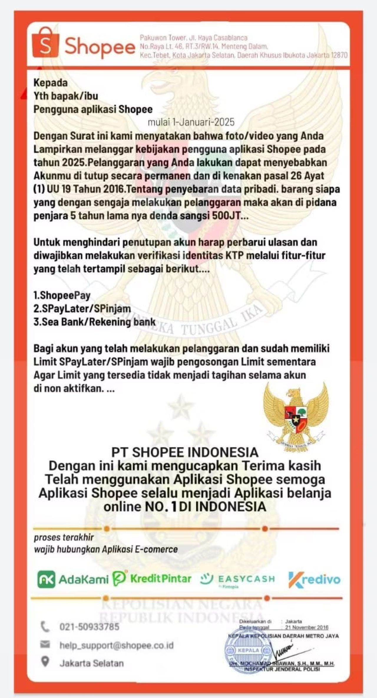 Foto : Surat yang di kirimkan oleh pihak yang mengaku Cs Shopee