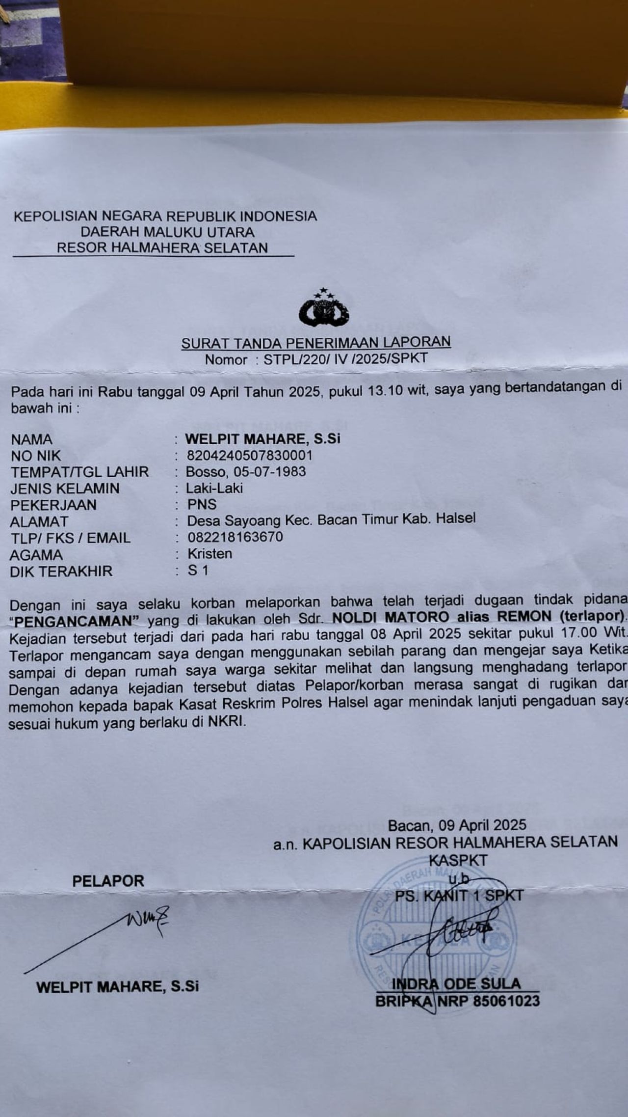 PNS UPTD Bacan Timur Halsel Dilaporkan ke Polisi Akibat Dugaan Kekerasan Saat Mabuk