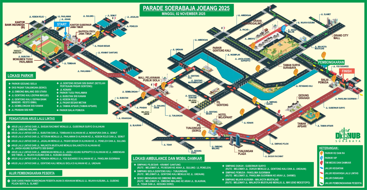 Skema penutupan jalan yang akan di alihkan, Minggu (2/11/2025) pelaksanaan Parade Juang Surabaya mulai pukul 12.00 wib. (Foto: Dok dinas perhubungan surabaya/humas pemkot)