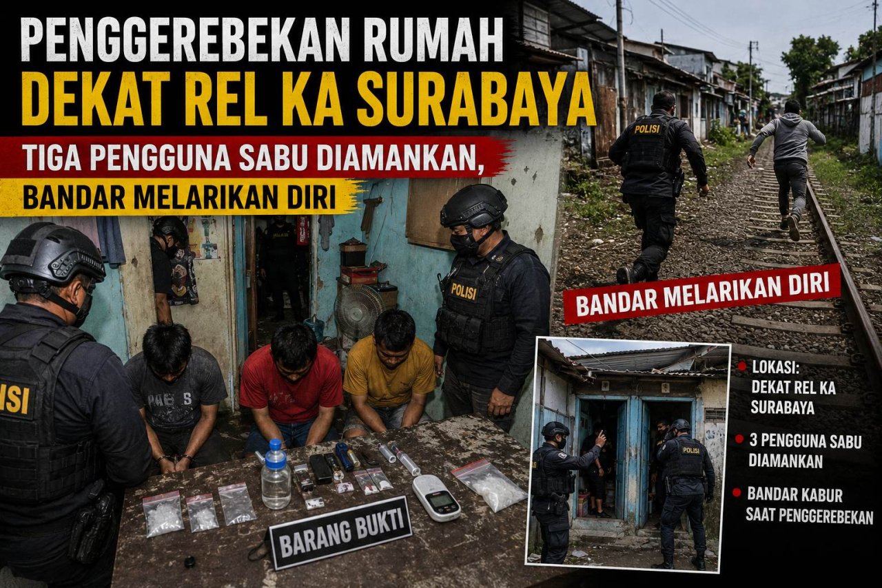 Foto Gambar penggrebekan oleh petugas kepolisian surabaya